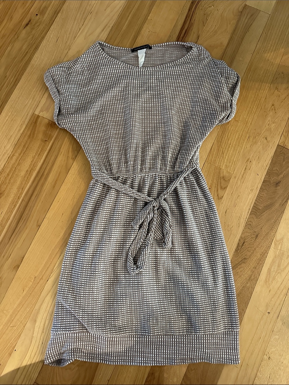 Caution To The Wind Taupe & White Midi Belted Dress